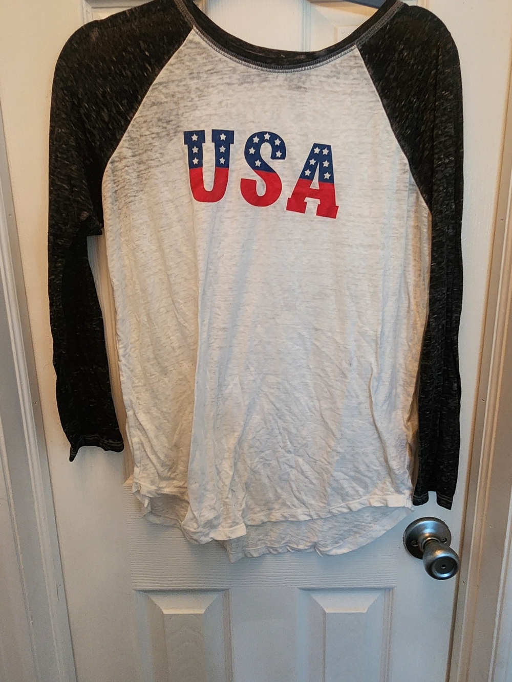 Old Navy White Baseball Raglan Tee with Black Sleeves and USA Print Quarter Slee